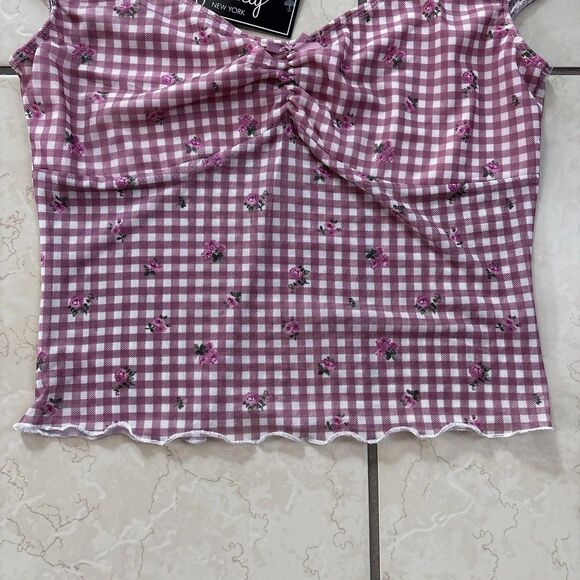 Y2K Just Polly NY Gingham Pink + White Floral Tank Top Women’s Large - Picture 4 of 8